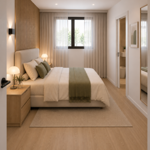Vista dormitorio principal y puerta baño